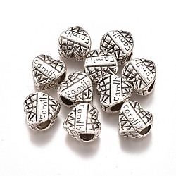 Alloy Beads, Heart with Word Family, Antique Silver, 11.5x11x7mm, Hole: 5mm(PALLOY-K242-03AS)