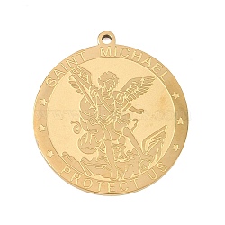304 Stainless Steel Pendants, Flat Round with St. Michael Archangel Charm, Golden, 27.5x25x1.5mm, Hole: 1.4mm(STAS-I368-02G)