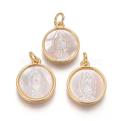 Brass Pendants, with Shell and Jump Ring, Flat Round with Virgin Mary, Golden, 16x14x3mm, Hole: 3mm(X-KK-I656-43G)