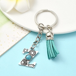 Alloy with Resin Imitation Synthetic Turquoise Keychain, with Tassel Pendant and Iron Rings, Letter Z, 8cm, Pendant: 25~35mm(KEYC-YW00087-26)