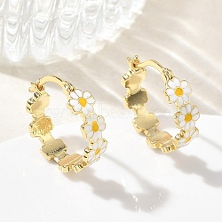 Brass Enamel Hoop Earrings for Women, Flower, Rack Plating, Long-Lasting Plated, Lead Free & Cadmium Free, Real 18K Gold Plated, White, 17x6.5mm(EJEW-A167-27B-01)