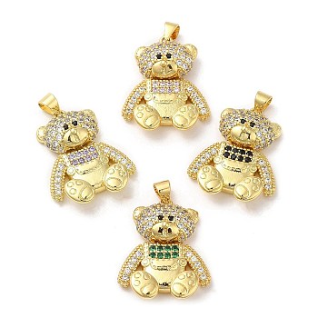 Brass Pendants, with Cubic Zirconia, Lead Free & Cadmium Free, Bear Charms, Real 18K Gold Plated, Mixed Color, 27x21x6.5mm, Hole: 5x3.4mm