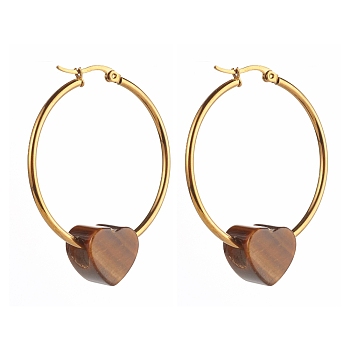 Heart Natural Tiger Eye Beads Earrings for Girl Women, 304 Stainless Steel Big Hoop Earrings, Golden, 49x39.5mm, Pin: 0.8mm