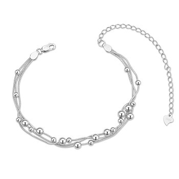 SHEGRACE Rhodium Plated 925 Sterling Silver Multi-Strand Bracelets, with Snake Chains and Round Beads, Platinum, 6-1/2 inch(16.5cm)