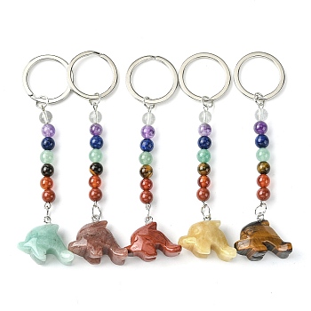 Dolphin Natural Gemstone Keychain, with 7 Chakra Beads and Iron Key Rings, for Women Men Hanging Car Bag Charms, 10.2~10.4cm