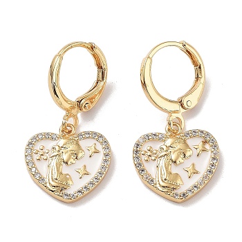 Real 18K Gold Plated Brass Dangle Leverback Earrings, with Enamel and Cubic Zirconia, Heart, 27x11.5mm