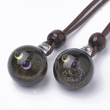 Handmade Gold Sand Lampwork Pendants, Galaxy Universe Ball, with Two Color Small Ball inside, Black, 28~31x21~23x18~21mm, Hole: 3mm