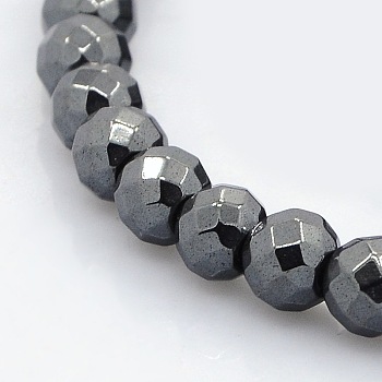 Faceted Round Non-magnetic Synthetic Hematite Beads Strands, Black, 6mm, Hole: 1mm, about 69pcs/strand, 16 inch