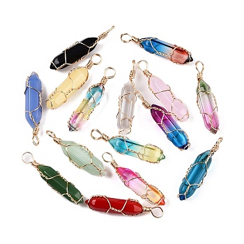 Lampwork Pendants, Copper Wire Wrapped Bullet Shapes, Faceted, Golden, Mixed Color, 43x10.5x11.5mm, Hole: 4~5x5.5mm