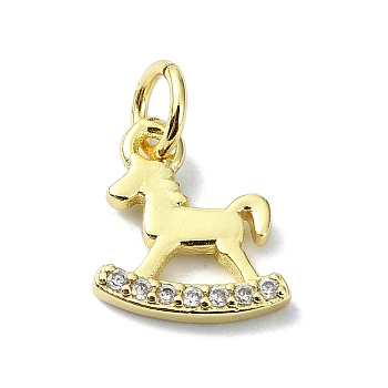 Brass Micro Pave Claer Cubic Zirconia Charms, with Jump Ring, Wooden Horse Shape, Real 18K Gold Plated, 11x9.5x1.5mm, Hole: 3mm