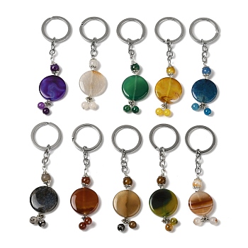 Iron with Alloy Natural Agate Pendant Keychain, Dyed, Flat Round, Mixed Color, 120mm