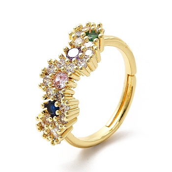 Colorful Cubic Zirconia Flower Adjustable Ring, Brass Jewelry for Women, Real 18K Gold Plated, US Size 8 1/2(18.5mm)