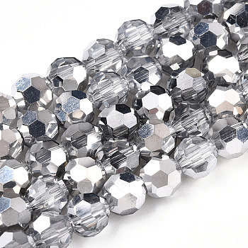 Transparent Electroplate Glass Beads Strands, Faceted, Half Silver Plated, Round, Silver, 6mm, Hole: 1.2mm, about 96~97pcs/strand, 21.65~21.97 inch(55~55.8cm)