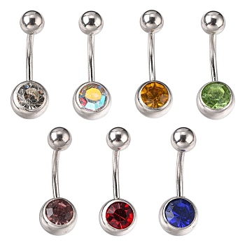 304 Stainless Steel Belly Rings, with Rhinestones, Curved Barbell, Mixed Color, 22x5~8mm, Bar Length: 7/16"(11mm), Pin: 18 Gauge(1mm)