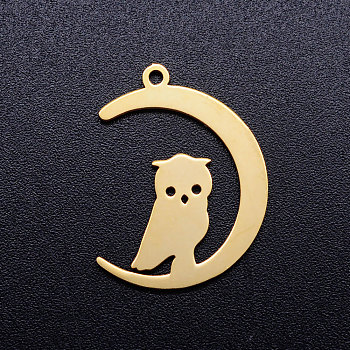 201 Stainless Steel Pendants, Crescent Moon with Owl, Golden, 23.5x17.5x1mm, Hole: 1.5mm