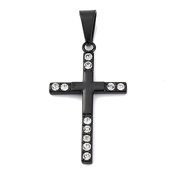 304 Stainless Steel Pendants, Cross Charm, with Rhinestone, PVD Vacuum Plating, Black, 37.5x22x2.5mm, Hole: 9x4.5mm