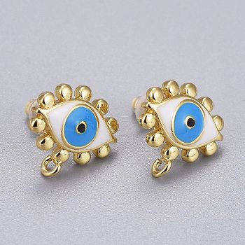Brass Stud Earring Findings, with Enamel and Plastic Ear Nuts, Long-Lasting Plated, Evil Eye, Real 18K Gold Plated, 12.5x13mm, Hole: 1.2mm, Pin: 0.9mm
