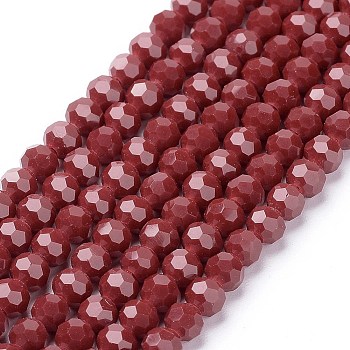 Faceted(32 Facets) Glass Beads Strands, Round, Dark Red, 4mm, Hole: 1mm, about 88~90pcs/strand, 28~30cm