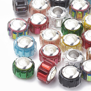 Glass European Beads, Large Hole Beads, with Brass Core, Faceted, Rondelle, Silver Color Plated, Mixed Color, 9x7mm, Hole: 5mm