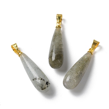 Natural Labradorite Teardrop Pendants, with Ion Plating(IP) Golden Plated Brass Findings, 26.5x7.5mm, Hole: 4.3x3.5mm