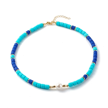 Polymer Clay Beaded Necklaces, with Shell Pearl and Brass Spacer Beads, Dark Turquoise, 16.93 inch(43cm)