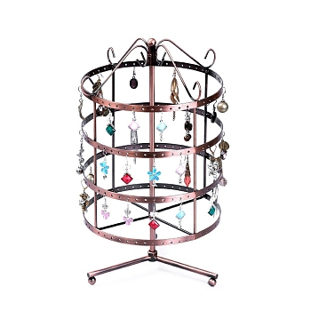 Iron 4 Tiers Rotating Jewelry Organizer Earring Holder Stand, 144 Holes, for Hanging Earrings, Red Copper, 150x150x300mm