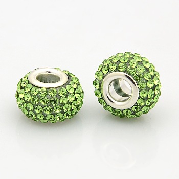 Resin Rhinestone European Beads, Grade A, Large Hole Rondelle Beads, with Silver Color Plated Brass Double Cores, Peridot, 15x10mm, Hole: 5mm