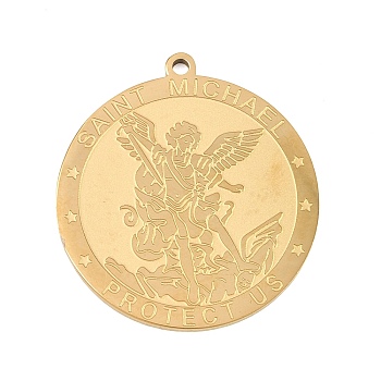 304 Stainless Steel Pendants, Flat Round with St. Michael Archangel Charm, Golden, 27.5x25x1.5mm, Hole: 1.4mm