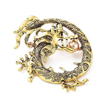 Dragon Rhinestone Brooch Pins, with Plastic Pearl, Alloy Badge for Unisex, Antique Golden, 56x51x15mm