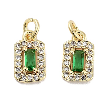 Brass Micro Pave Cubic Zirconia Charms, with Jump Ring, Rectangle, Real 18K Gold Plated, Green, 10x6x3.5mm, Hole: 2.5mm
