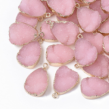 Druzy Resin Pendants, with Edge Light Gold Plated Iron Loops, Teardrop, Pink, 26.5x17x8.5mm, Hole: 1.8mm