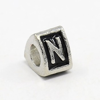 Platinum Plated Zinc Alloy Enamel European Beads, Large Hole Triangle Beads with Letter.N, 9x9x7mm, Hole: 5mm