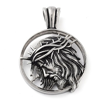 304 Stainless Steel Pendants, Flat Round with Human Charm, Antique Silver, 47.5x34x7mm, Hole: 5.3x5.6mm