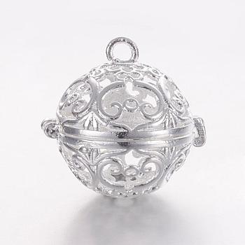 Brass Cage Pendants, For Chime Ball Pendant Necklaces Making, Hollow Round, Silver Color Plated, 17x17.5x14.5mm, Hole: 1mm, Inner Diameter: 11.5mm