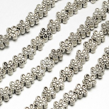 Tibetan Style Flower Alloy Bead Strands, Lead Free & Cadmium Free, Antique Silver, 7x3.5mm, Hole: 1mm, about 30pcs/strand, 8 inch