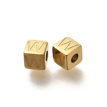 Ion Plating(IP) 304 Stainless Steel Beads, Cube with Letter, Real 14K Gold Plated, Letter W, 5x5x5mm, Hole: 2mm