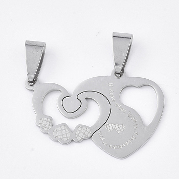 201 Stainless Steel Split Pendants, Quote Pendants, for Lovers, Heart with Heart, with Word, Stainless Steel Color, 21x31x1mm, Hole: 8x4mm