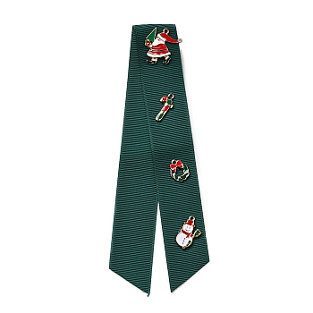 Christmas Polyester Ribbon Safety Pin Brooch, with Alloy Enamel Santa Claus & Candy Cane & Wreath & Snowman, Iron Pin, Dark Slate Gray, 170~175x65x0.6~4.5mm