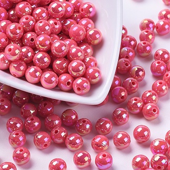 Eco-Friendly Poly Styrene Acrylic Beads, AB Color Plated, Round, Fuchsia, 10mm, Hole: 2mm, about 980pcs/500g