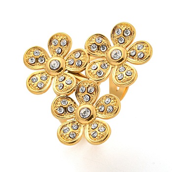 304 Stainless Steel Cuff Rings, Rhinestone Flower Open Rings for Women, Golden, Adjustable