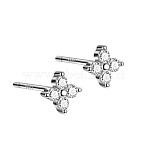 Rhodium Plated Clover 999 Fine Silver Cubic Zirconia Stud Earrings for Women, with 999 Stamp, Platinum, 4x4mm(EJEW-S215-16P)