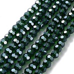 Electroplate Glass Bead Strands, Pearl Luster Plated, Faceted(32 Facets), Round, Dark Green, 6x5mm, about 88~91pcs/strand, 19.49~20.08 inch(49.5~51cm)(EGLA-R015-6mm-17)
