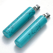 Synthetic Turquoise  Pendants, with Platinum Tone Iron Pinch Bail, Column, Dyed, 43~46x10mm, Hole: 4x7mm(G-R456-04)