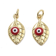 Brass Enamel Pendants, with Jump Ring, Cadmium Free & Lead Free, Leaf with Evil Eye Charm, Real 18K Gold Plated, 18.5x9.5x3.5mm, Hole: 3mm(KK-Q006-15G)