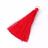 Nylon Thread Tassel Big Pendants Decoration, with Brass Findings, Golden, Red, 63~66x7mm, Hole: 7mm(FIND-Q065-A16)