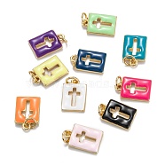 Brass Enamel Charms, Real 18K Gold Plated, Long-Lasting Plated, Rectangle with Cross, Mixed Color, 14.5x9.5x2mm, Hole: 3mm, Jump Ring: 5x0.8mm(KK-G399-12)
