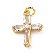 Rack Plating Brass Micro Pave Cubic Zirconia Pendants, Real 18K Gold Plated, Long-Lasting Plated, Lead Free & Cadmium Free, Cross, Clear, 19x14.5x4.5mm, Jump Ring: 5x0.9mm, 3.2mm Inner Diameter(KK-E281-15G)
