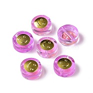 Transparent Spray Painted Glass Beads, with Golden Brass Findings, Flat Round with Smile, Medium Orchid, 11.5x4mm, Hole: 1.2mm(GLAA-I050-15E)