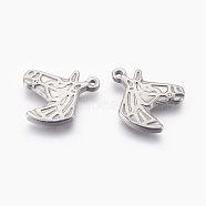 304 Stainless Steel Pendants, Horse Head, Stainless Steel Color, 24x20.5x3mm, Hole: 1.4mm(STAS-L212-006P)