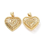 Brass Cubic Zirconia Pendants, Hollow Heart with Word fe Charm, Real 18K Gold Plated, 20.5x20x4.5mm, Hole: 3.5x5mm(KK-G453-18G)